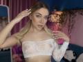 JessicaClarks with blonde hair, wearing a sheer white lace top, exposing her tits, hands in her hair, blue eyes, pink lips, and a necklace, in a softly lit room.