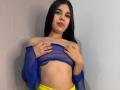 NaomyRosse with long black hair, blue sheer top, holding her small tits, yellow pants, bandage on her right hand, and a tattoo on her left side.