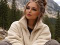 BryannaCrecelius with her tits covered by a fluffy beige jacket, sitting in a forest, looking smug with her lips slightly parted and brown hair in a messy bun.
