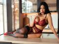 Angelina Deleon in roter und schwarzer Spitzendessous, mit Strumpfband und Oberschenkelstrümpfen, sitzt auf einer Küchenarbeitsplatte, lutscht an einem roten Lutscher und zeigt ihre großen Brüste und ihr hübsches Hinterteil..