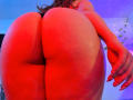 JennyLawry's big, shiny, red-lit ass is the focus, with her hand resting on her right cheek, showing off her curvy, thick, and voluptuous body.