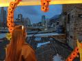 AntoniaBrunni with long red hair, orange jacket, and glowing headband, standing in front of a sunflower wreath, overlooking a cityscape with rooftops and skyscrapers at dusk.