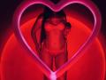 Tisia stands in red lingerie, heart-shaped neon glow in front, showing her tits, ass, and pussy, with her hand on her hip, glowing red light highlighting her body.