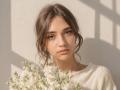 BessBetak with wavy brown hair, green eyes, and a serious expression, wearing a white knit sweater, holding white flowers, standing in sunlight.