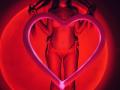 Tisia's red-lit, slender body stands in lingerie, holding a glowing neon heart that frames her small tits and trimmed pussy. Red light casts a sexy glow.