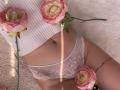 MysteryLaddy's white lace panties, pink rose petals, and ribbed white top, showing a belly button piercing and tattoo on her right thigh. Soft sunlight on her skin.