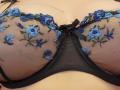 ElixirShanna's big boobs in a sheer black bra with blue floral embroidery and a small black bow in the center. The bra is tight and shows her cleavage.