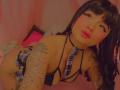 AnnieGrey with black hair, red lips, and tattoos, wearing a plaid necktie and black strappy lingerie, on all fours, showing her tits and ass. Pink background.