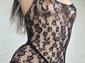 Strogoff wearing a black lace mesh dress, exposing her tits and pussy through the floral pattern. Her curvy body and long brown hair are visible.