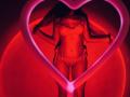 Tisia stands in red lingerie, holding her long hair, framed by a neon pink heart. Her small tits are covered, and she has a slim, sexy ass. Red glow.