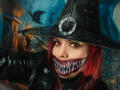 VanesaMoka with red eyes, black witch hat, and creepy grin, wearing a black lace mask with sharp teeth, and red hair, in a spooky, dark-themed cosplay.