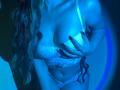 FlyFreedom's hands with red nails grasp her white lace bra-covered tits, showing a bit of her flat stomach and white lace panties. She's under blue lighting.