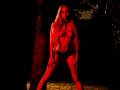 MiaMeowa with long blonde hair, wearing a chain top covering her tits, black panties, standing with legs apart, red-lit, against a dark tree, hands on her thighs.