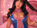 GraceClarke in a shiny blue and red Spider-Man costume with a cutout for her big boobs, wearing a Spider-web necklace, long black hair, pink room, sparkling hearts.
