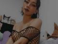 HenutmireRossi with black fishnet top, showing her tits, dark lipstick, and black eyeliner, looking at camera, in bedroom with stuffed toys.