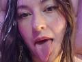 VaaleryStark's face with purple lighting, tongue out, wet and glistening, dark hair, small nose, brown eyes, gold chain earring, slightly flushed skin, looking playful and sexy.