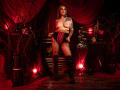 VictoriiaGreys with bare tits, red-black high-waist panties, garter, black thigh-high boots, tattooed arm, standing, red-lit, dark room, red curtains, holding panties, sexy, confident.
