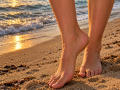 FrancaiseAline's tan, sandy feet with small grains of sand on them, standing in shallow water at sunset, toes slightly curled, and her right ankle slightly raised.